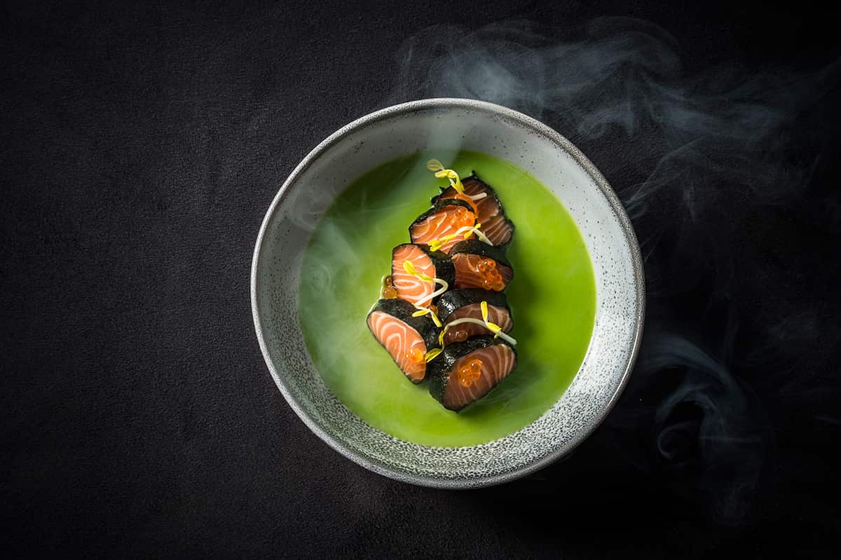 Smoking salmon sashimi