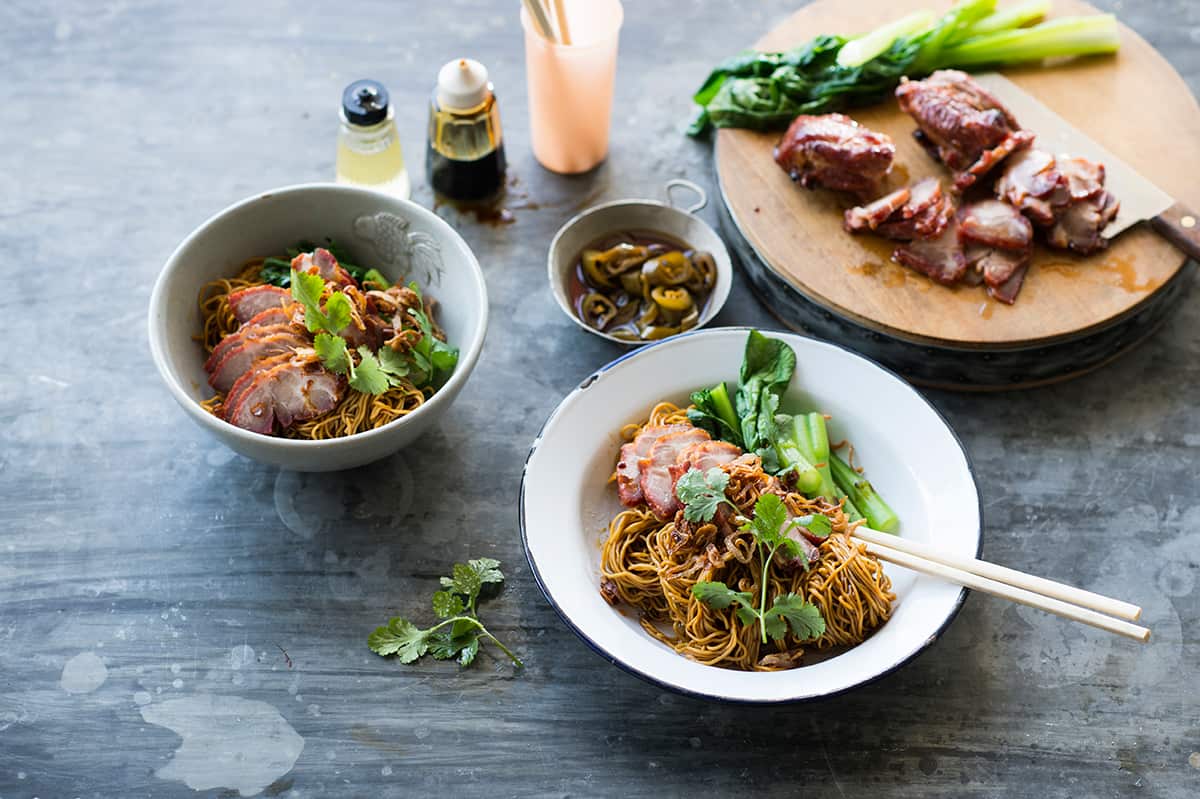 Dry wonton noodles with char sui and choy sum