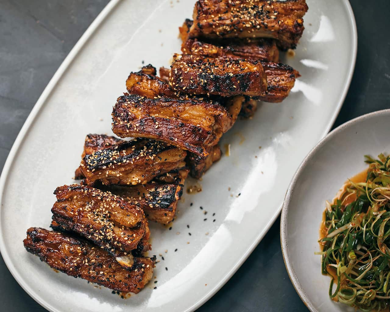 Korean sticky lamb ribs with pa muchim