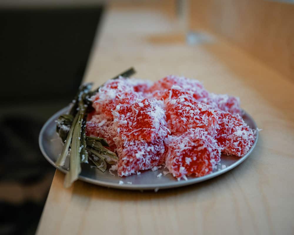 The bright-pink kueh sago ros evokes Raymond Tan's school days.