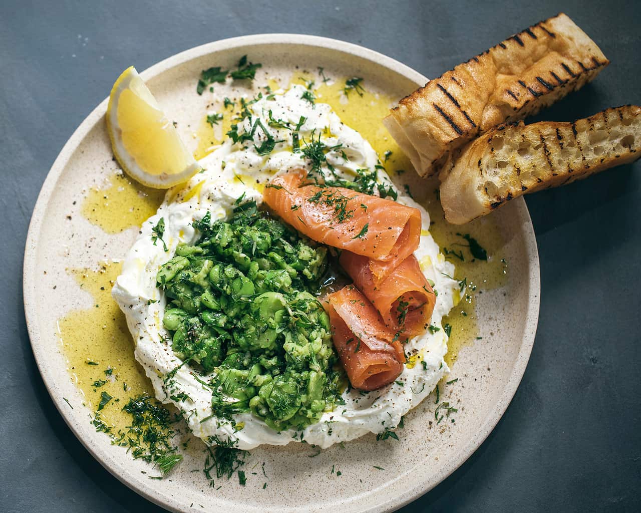 Labne with broad beans and herbs