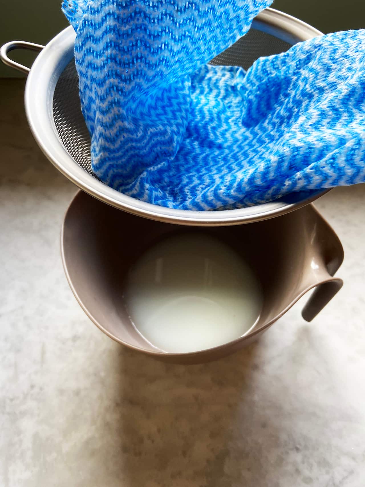 Straining off the whey for labneh