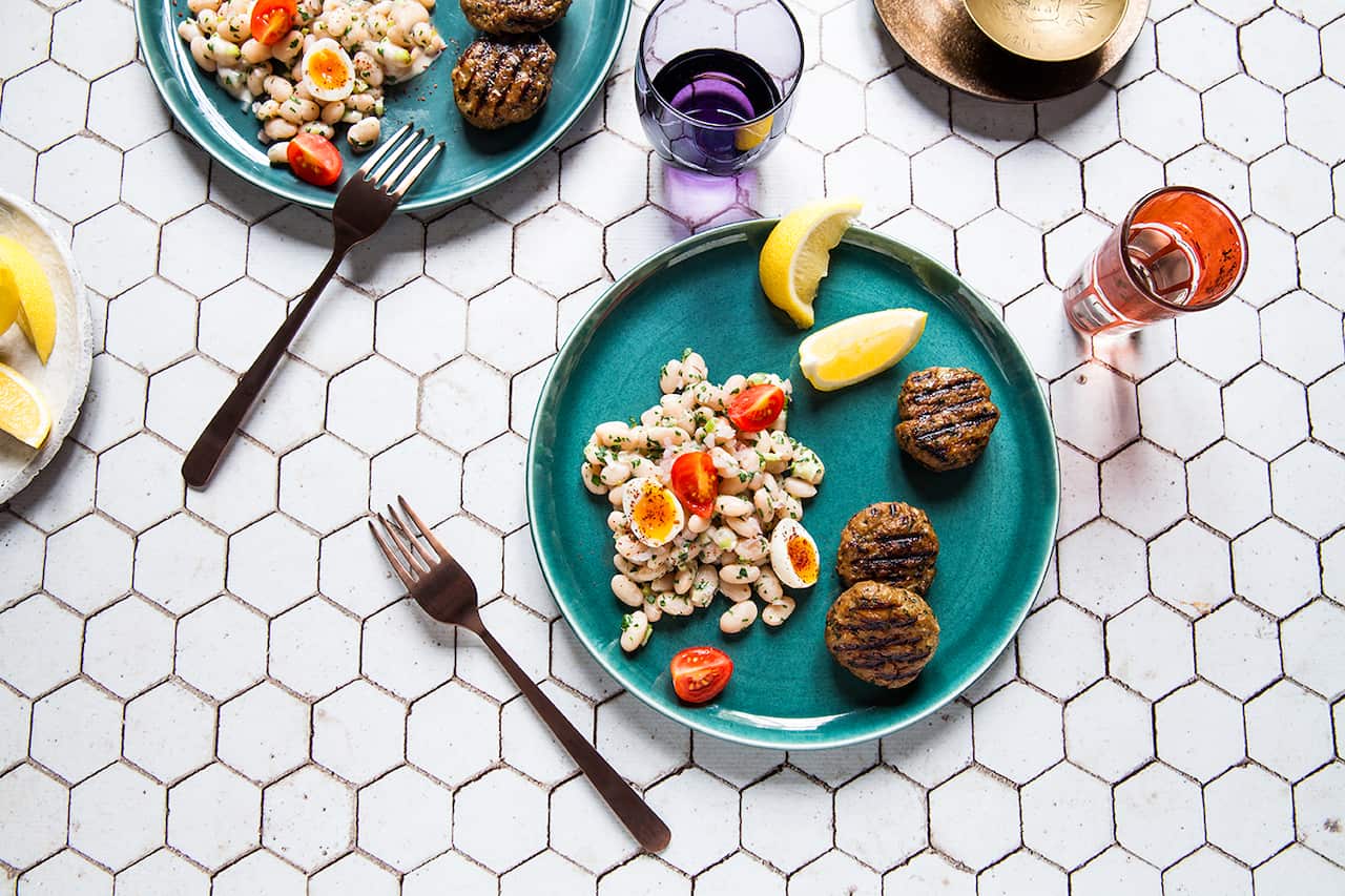 Köfte with cannellini and tahini salad