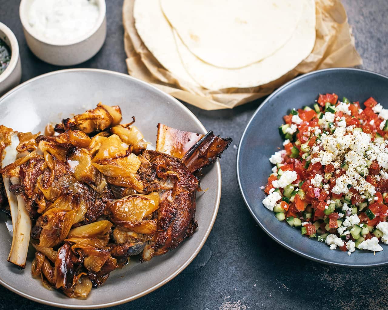 Lamb shoulder tacos with horiatiki salsa