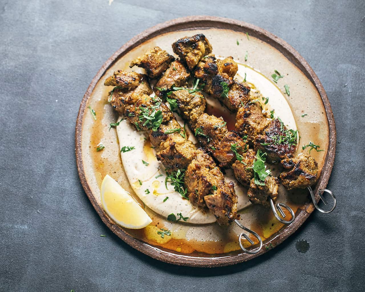 Lamb skewers with bush tomato tahini