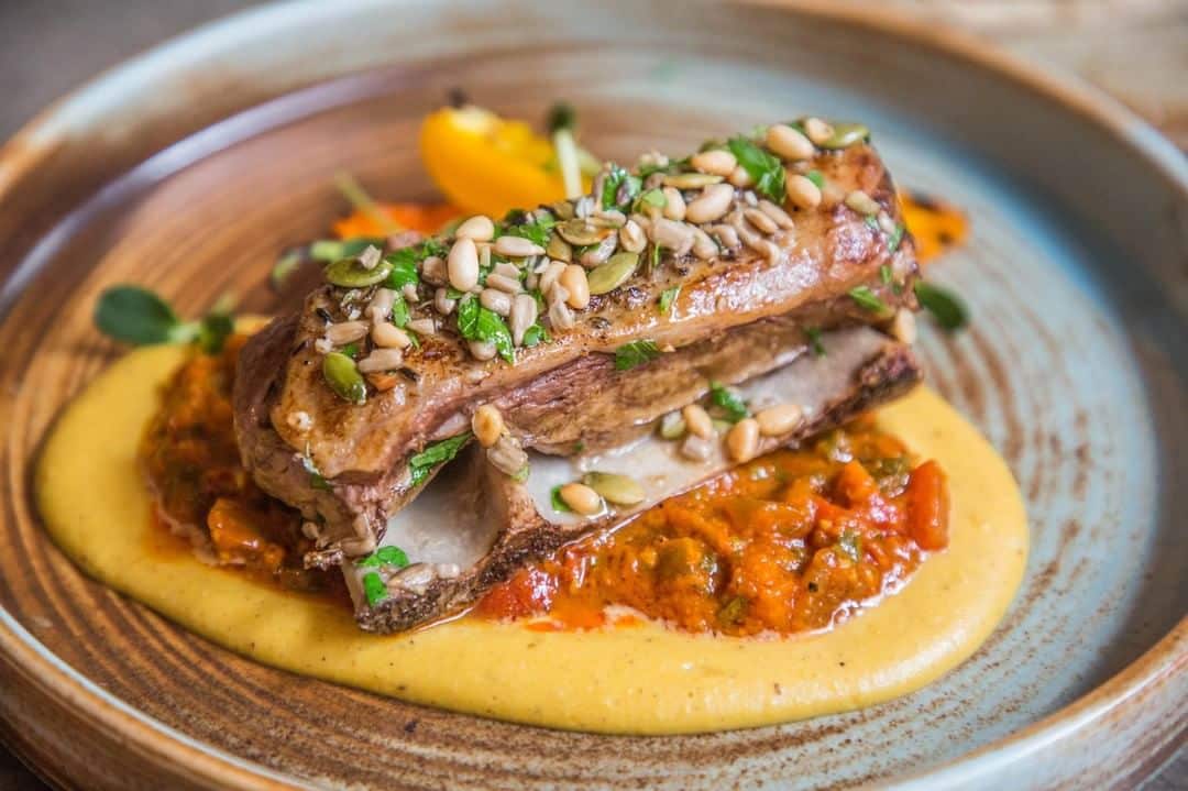 Slow-cooked lamb on the bone, pumpkin tahini & old school salsa.