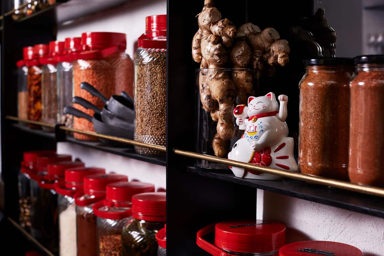 The arsenal of spices at Lankan Filling Station.