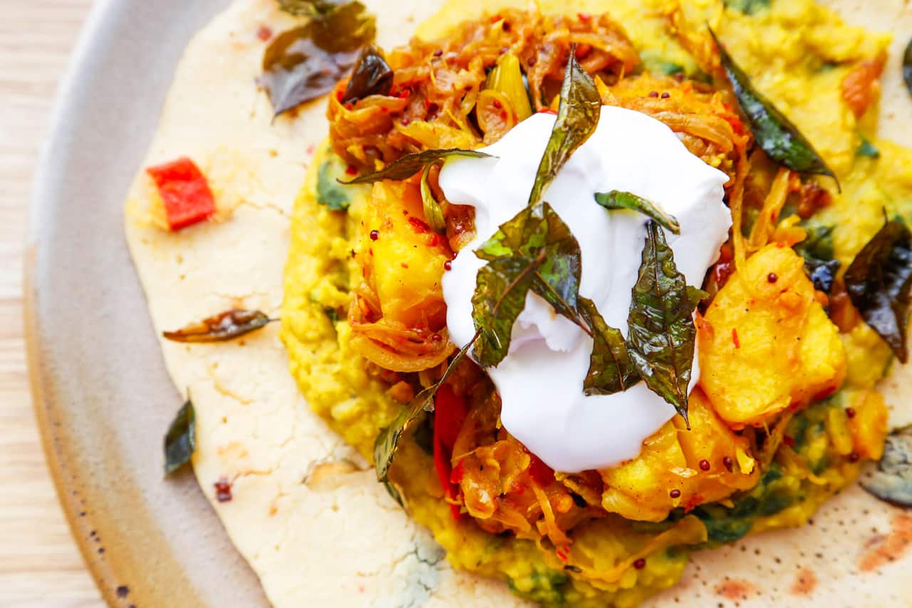 The lentil pancake with coconut yoghurt is one of the many vegan and gluten-free options.