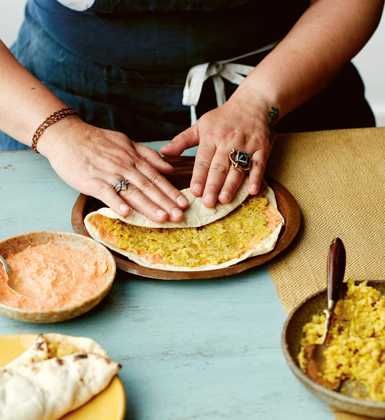 Lavasa masala tchot (flatbreads stuffed with split pea mash and chutney)