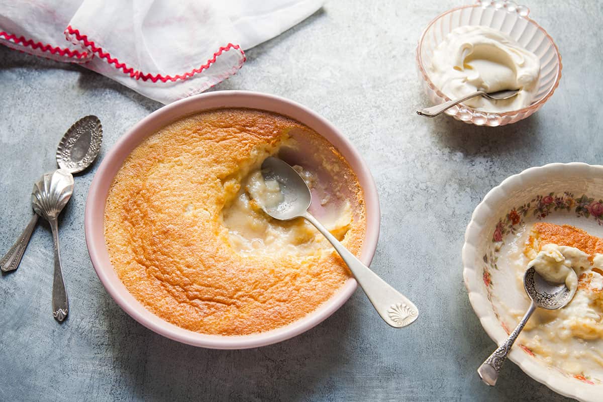 Lemon delicious pudding with lavender cream