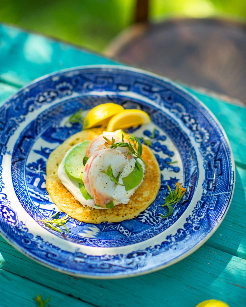 Lobster with buckwheat pikelets and avocado