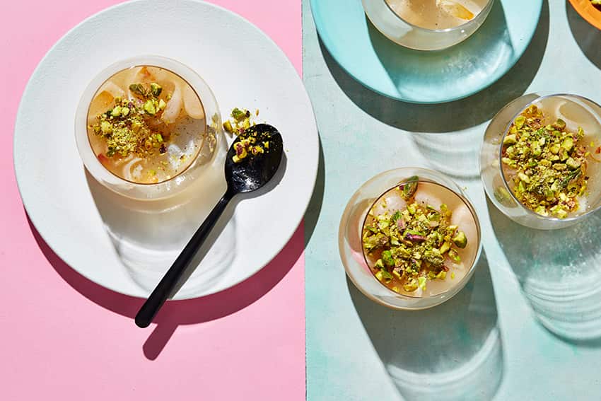 Lychee and rose petal jelly with pistachio