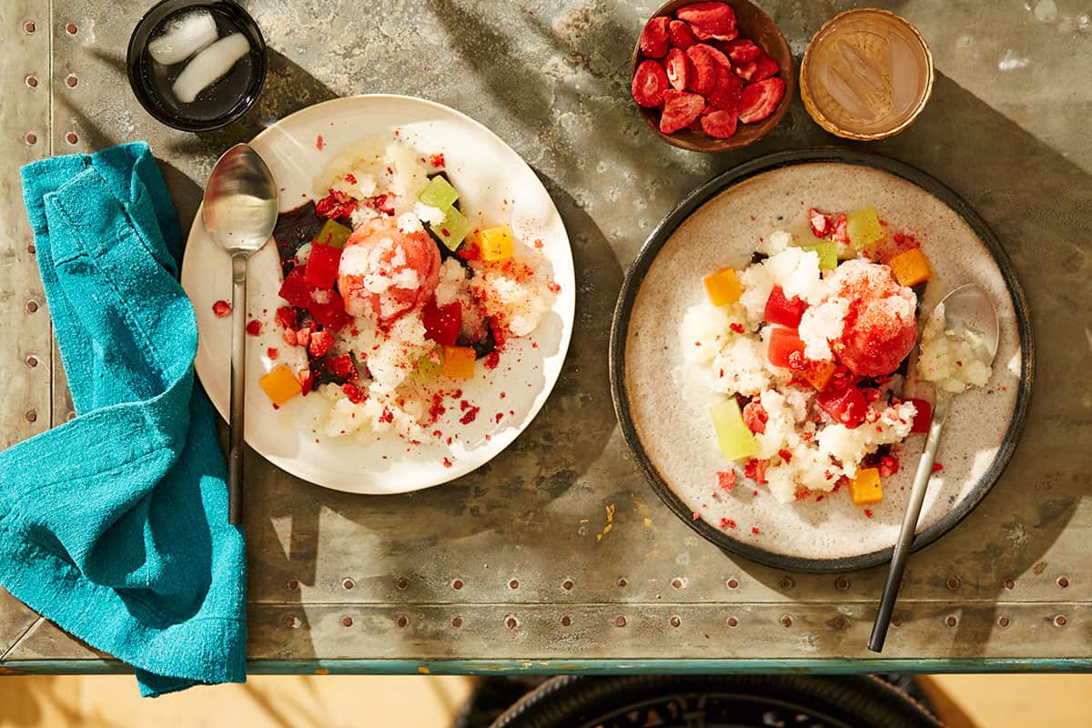 Lychee granite, strawberry sorbet and compressed melon