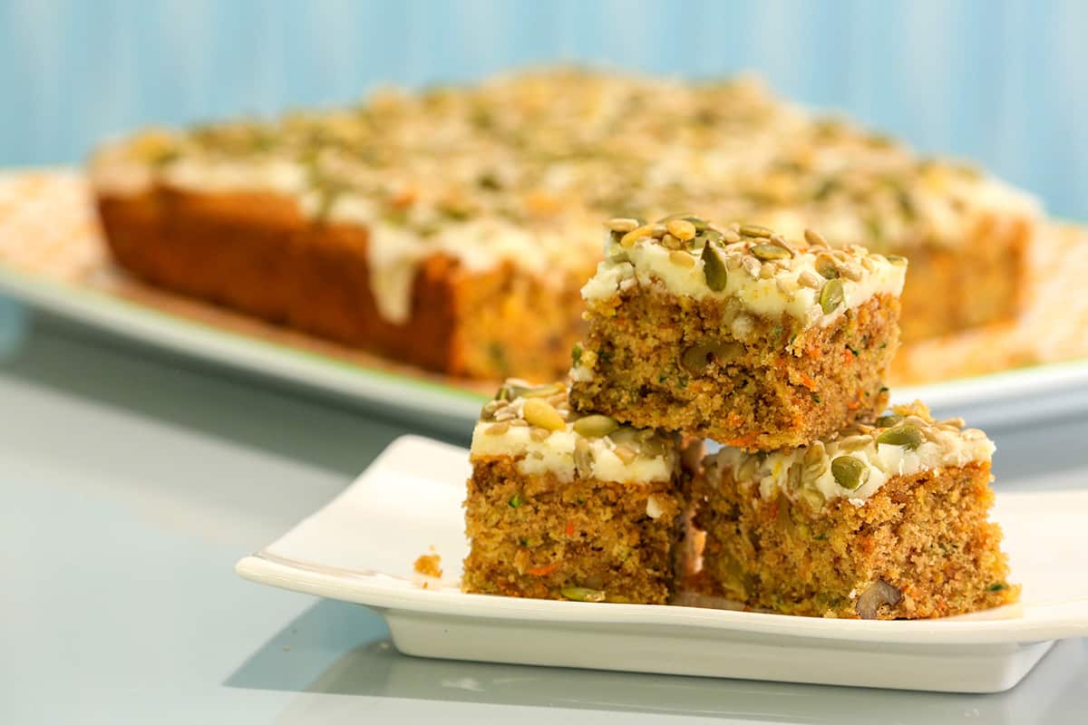 Gluten-free carrot and zucchini slab cake