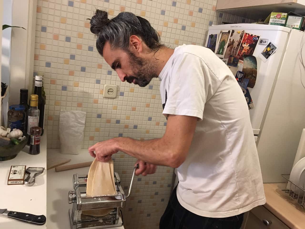 Javier García Tornel making pasta while on lockdown in his Madrid apartment. 