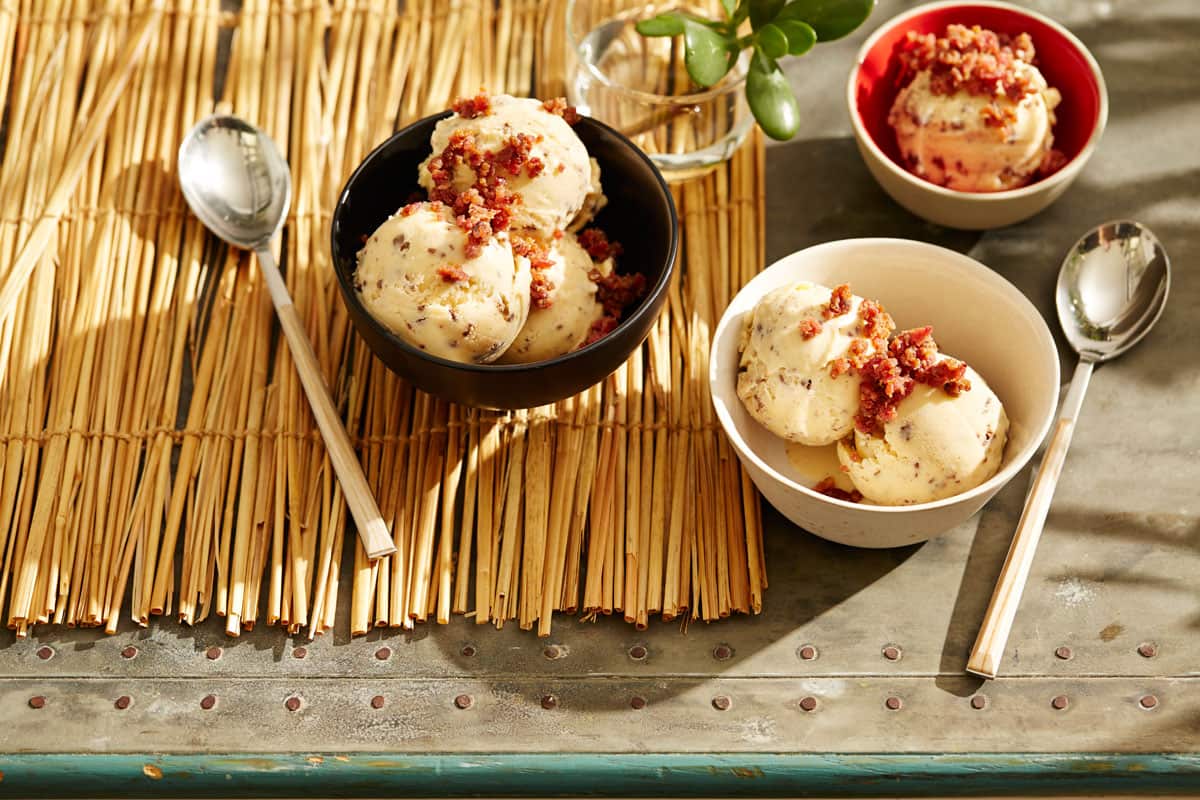 Malteser ice-cream with candied bacon