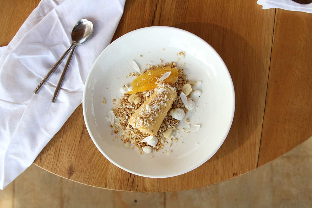 Mango kulfi with coconut mousse and oat-ginger crumb