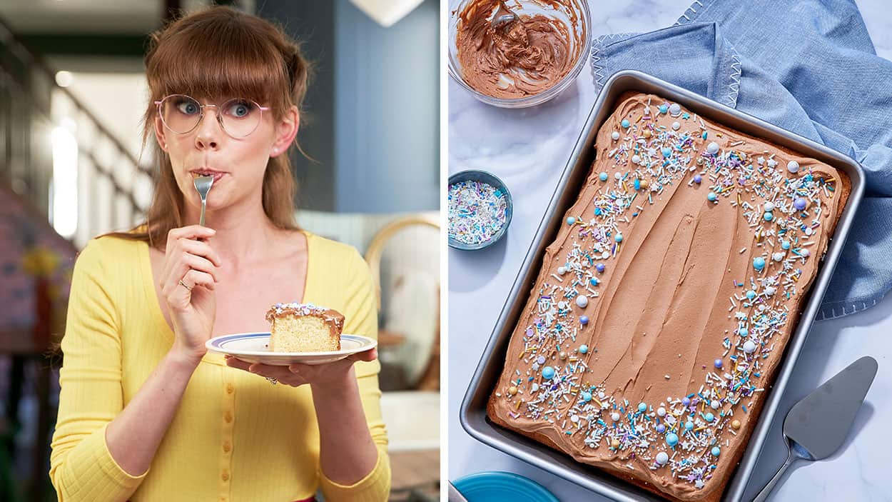 Mary Berg with sheet cake in Mary Makes It Easy