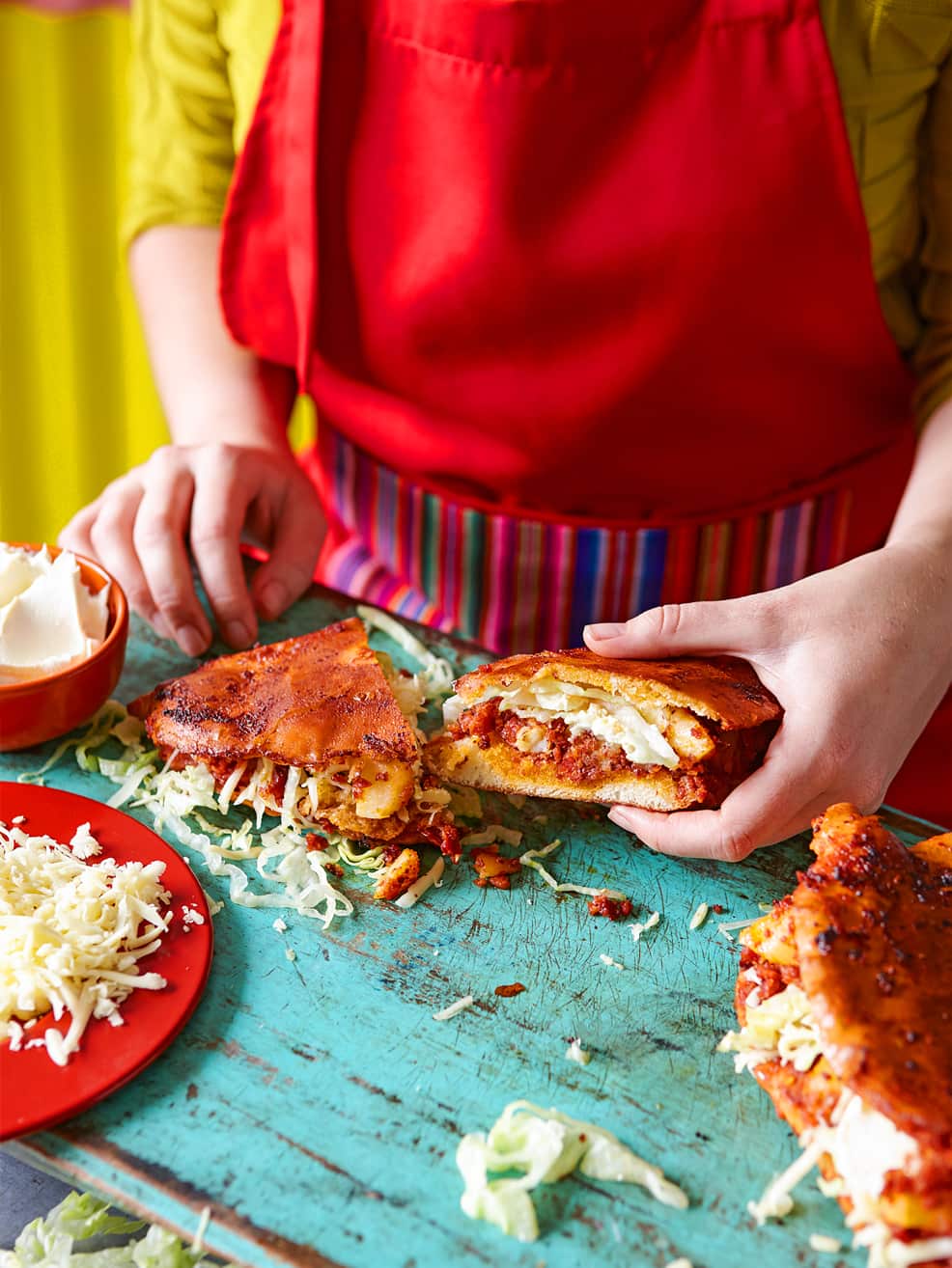 Mexican potato and chorizo sandwiches (pambazos)