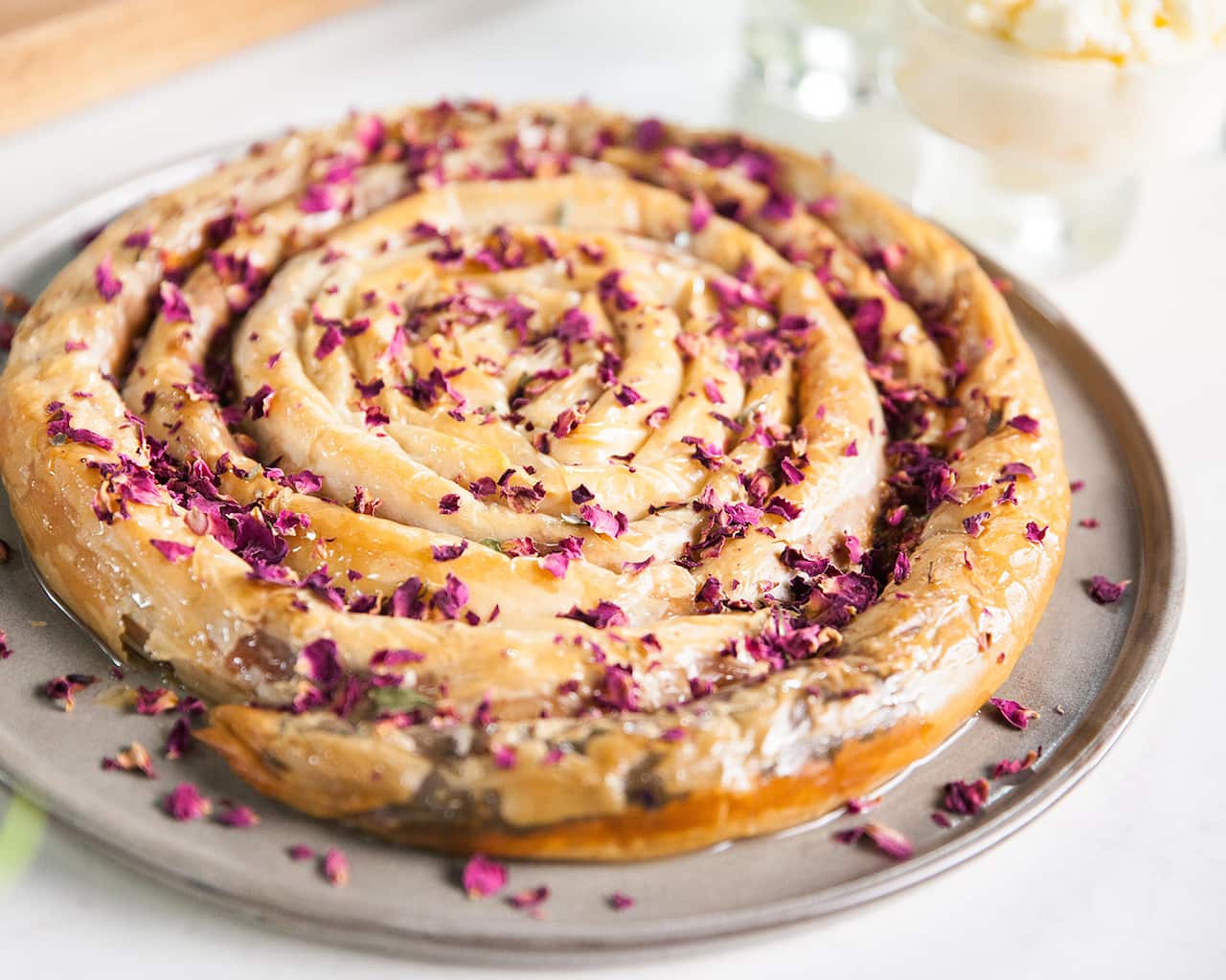 M'hencha with halva, white chocolate and almonds