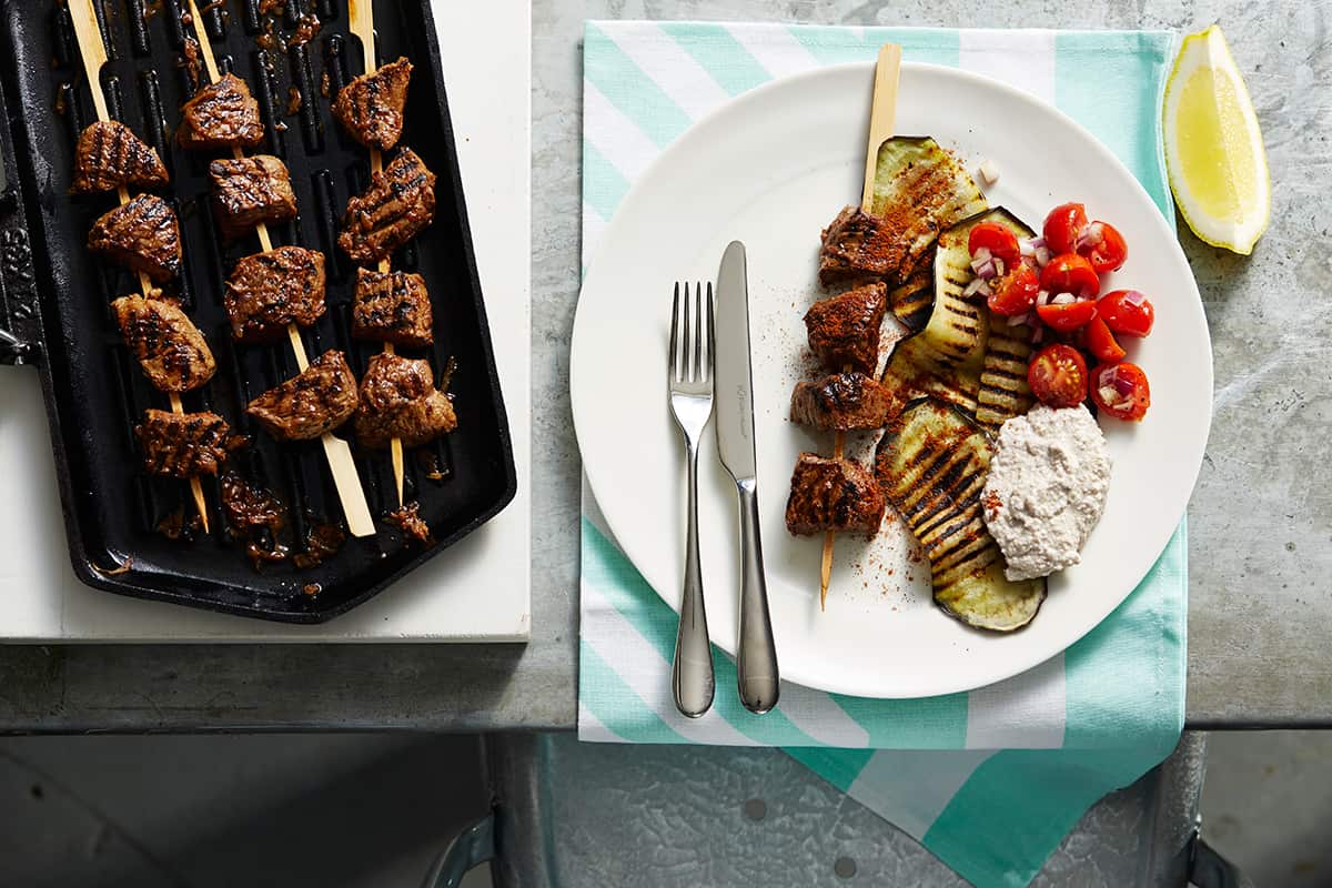 Middle Eastern spiced lamb with walnut, garlic and yoghurt sauce. 