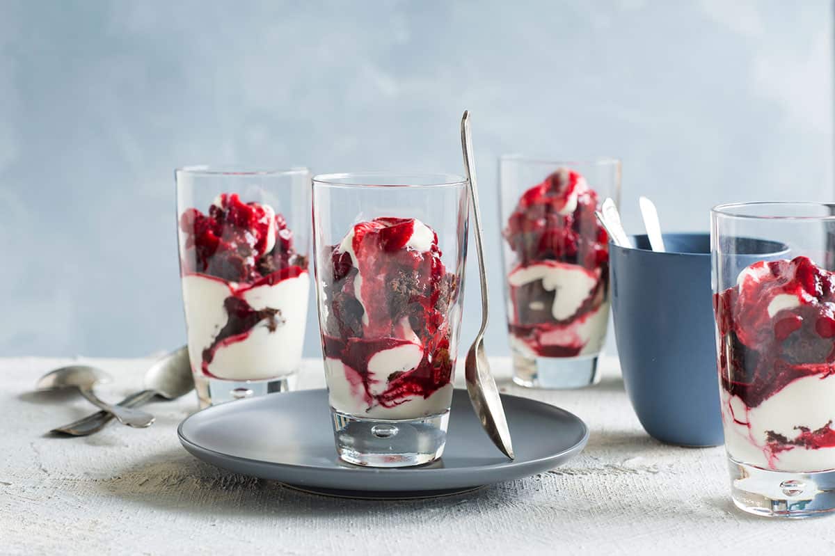 Minted raspberry brownie trifles