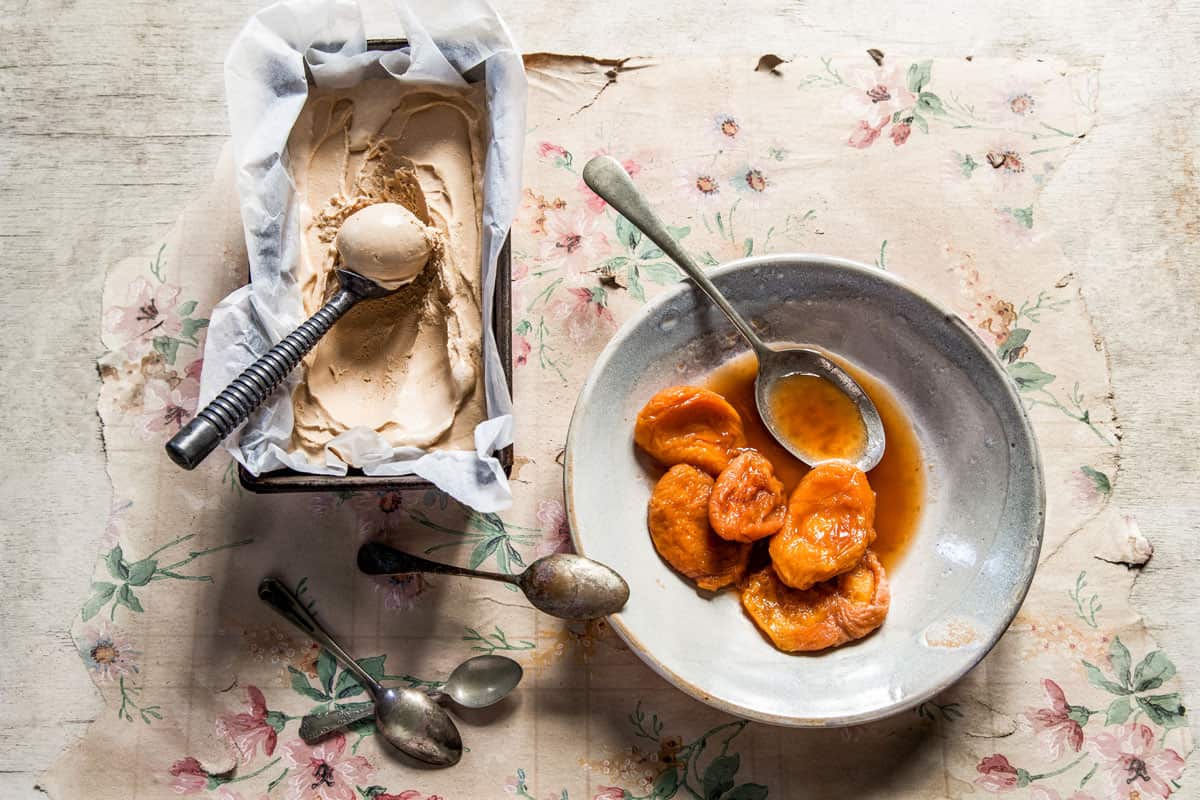 Miso and brown sugar ice cream with dried peach compote