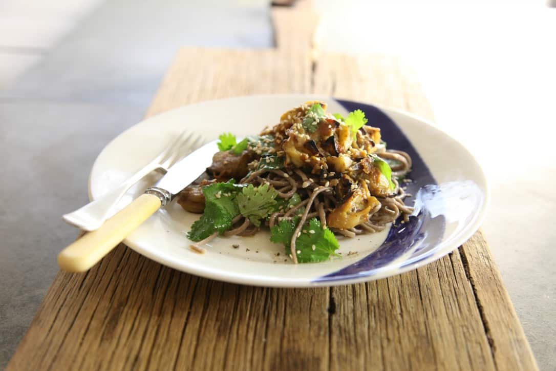 Miso, eggplant and soba noodle salad