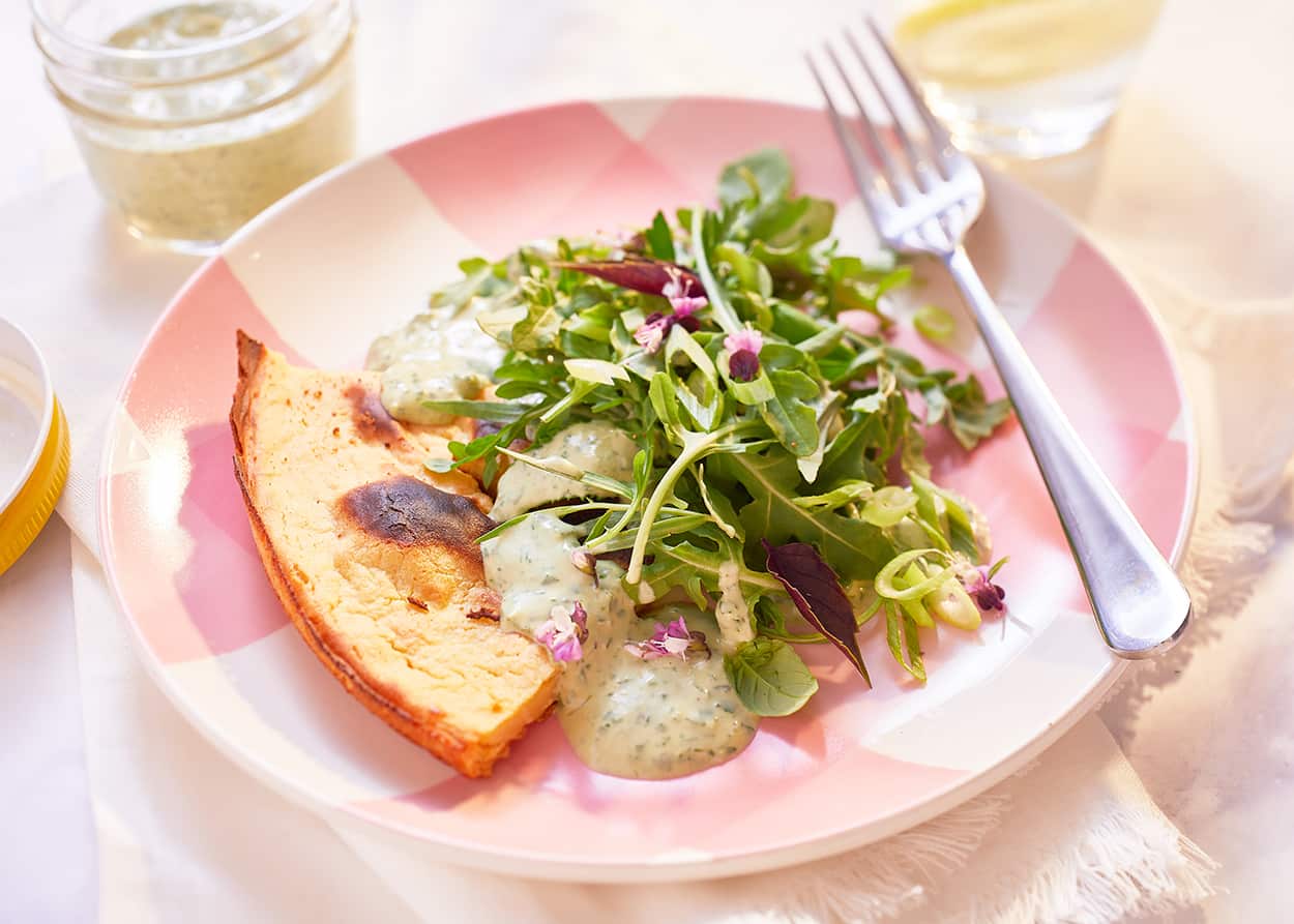 Chickpea socca with tofu green goddess greens