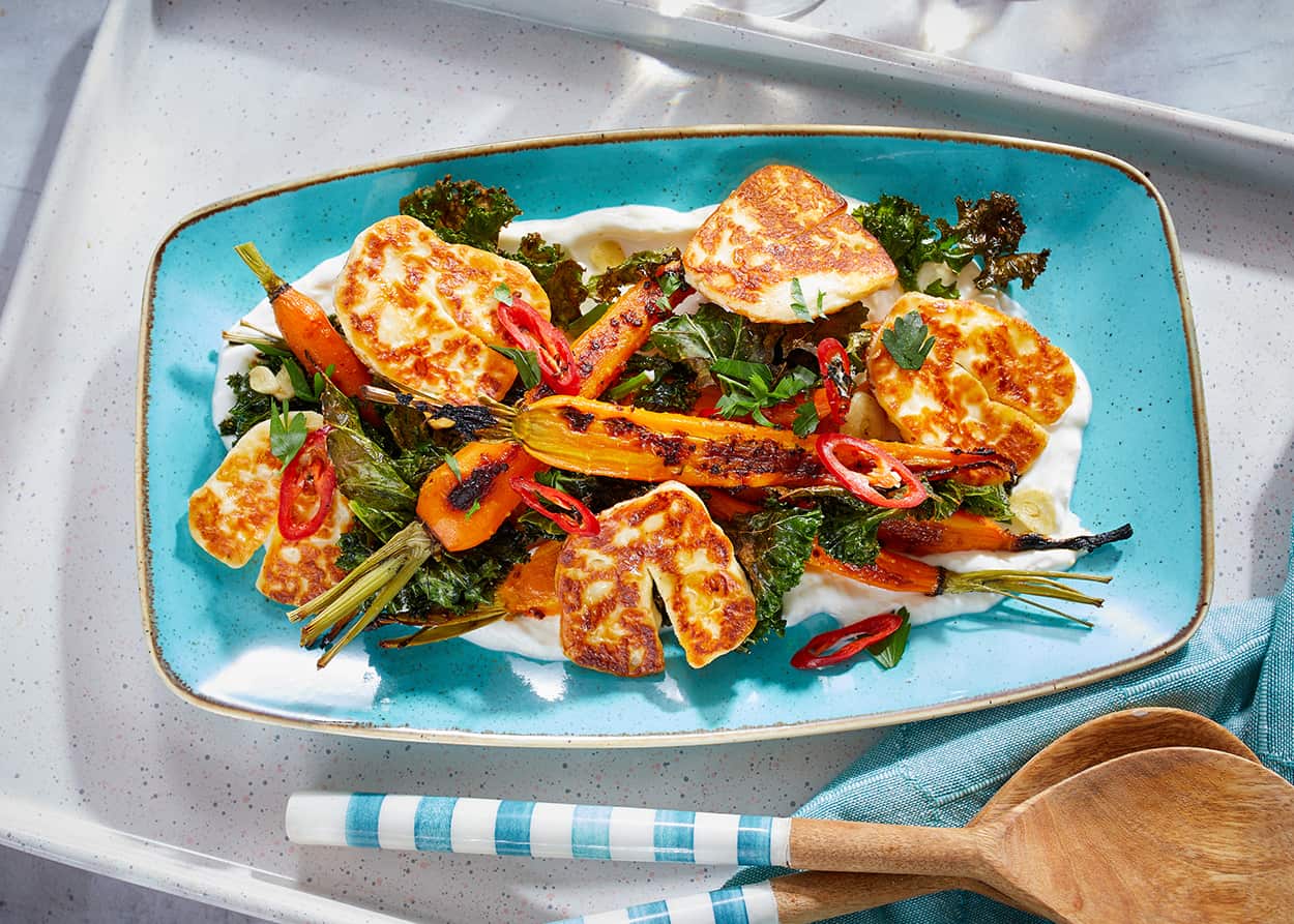 Haloumi with roasted carrots and greens