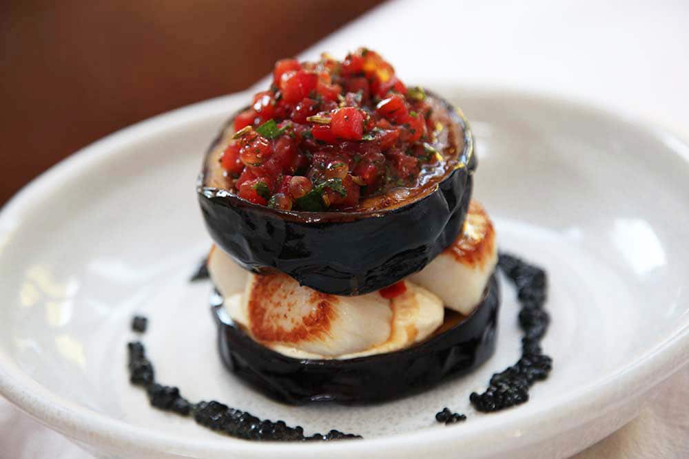 Moussaka of eggplant, seared scallops and taramasalata