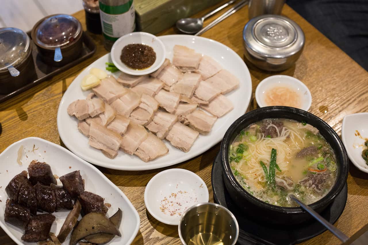 The sundae, pork belly and seasoned dwaeji-gukbap. Mr Lee