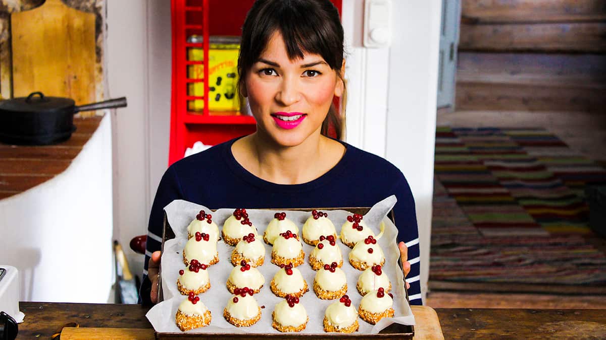 Rachel Khoo woth White chocolate and berry coconut mountains