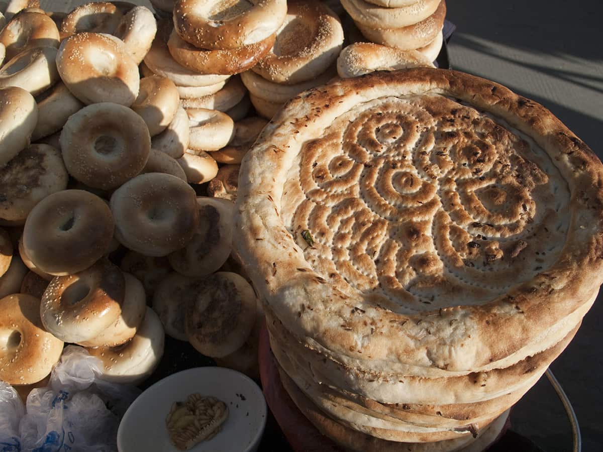 Uighur (Uigar) bread and naan for sale in the streets of Kashgar. 