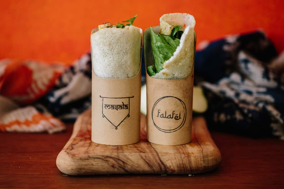 Masala and falafels fermented dosa wraps.