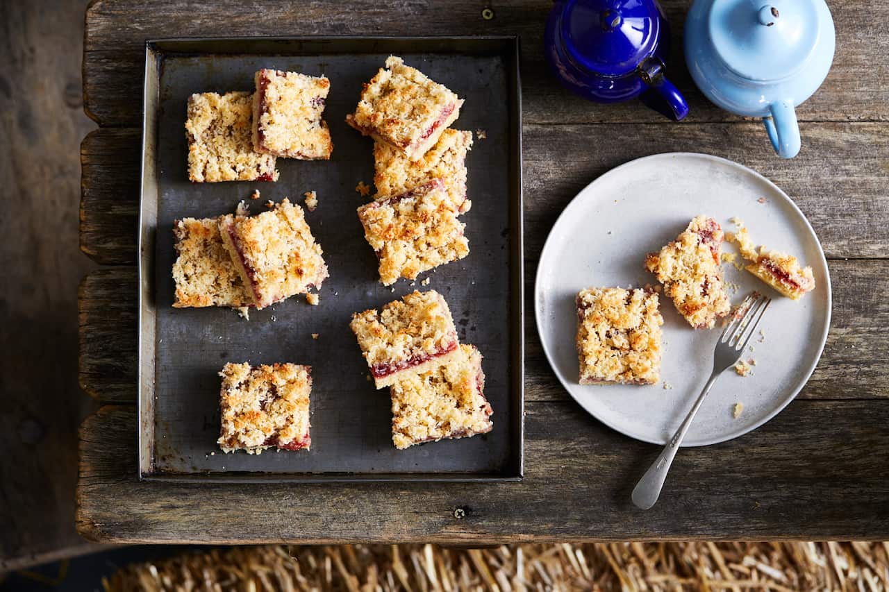 Jam and coconut slice