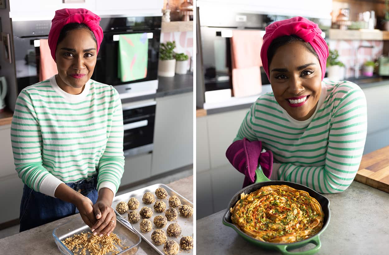Nadiya Hussain making snickerdoodles and with egg filo bake