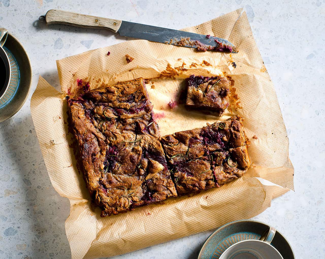 White chocolate, blackberry and rosemary mud slice