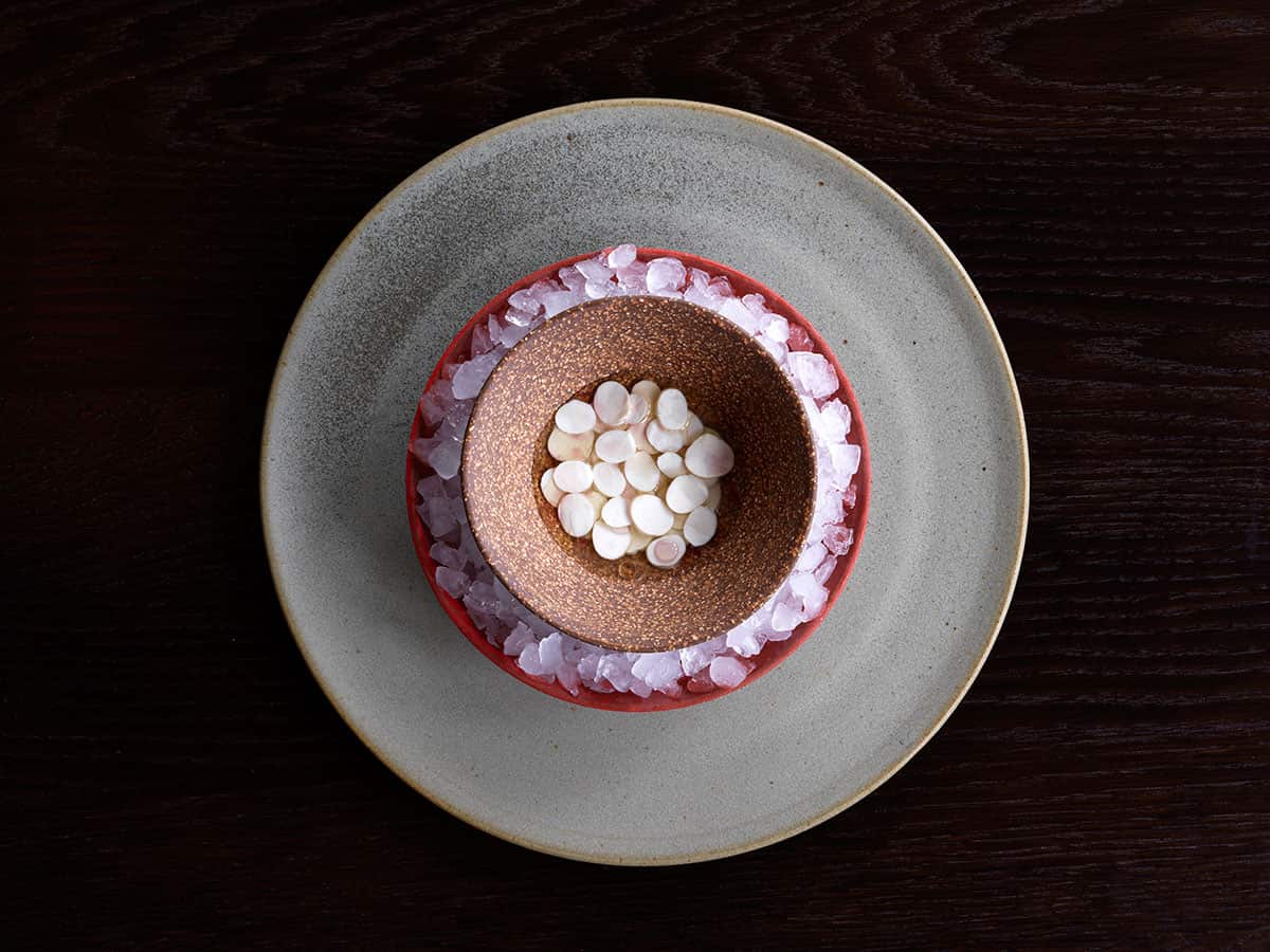 Green macadamias with spanner crab broth.