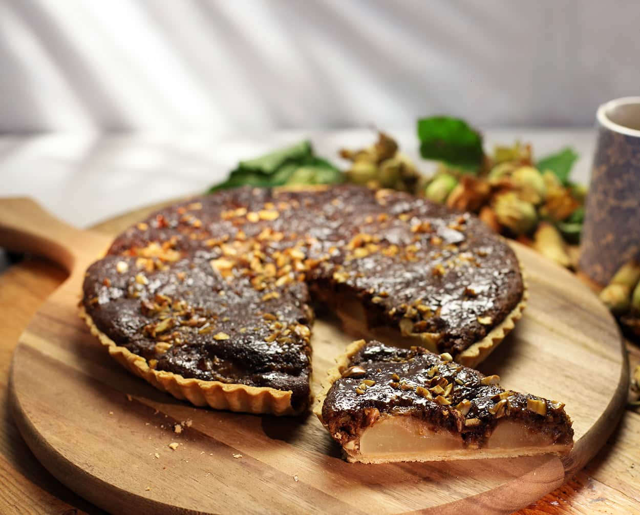 Nut, pear and sticky toffee tart