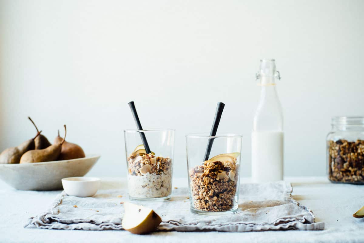 Superfood granola with homemade almond-macadamia milk 