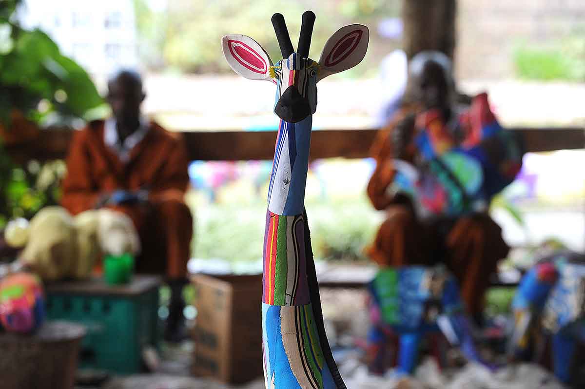 A finished toy giraffe made from discarded flip-flops at the Ocean Sole flip-flop recycling company in Nairobi. 