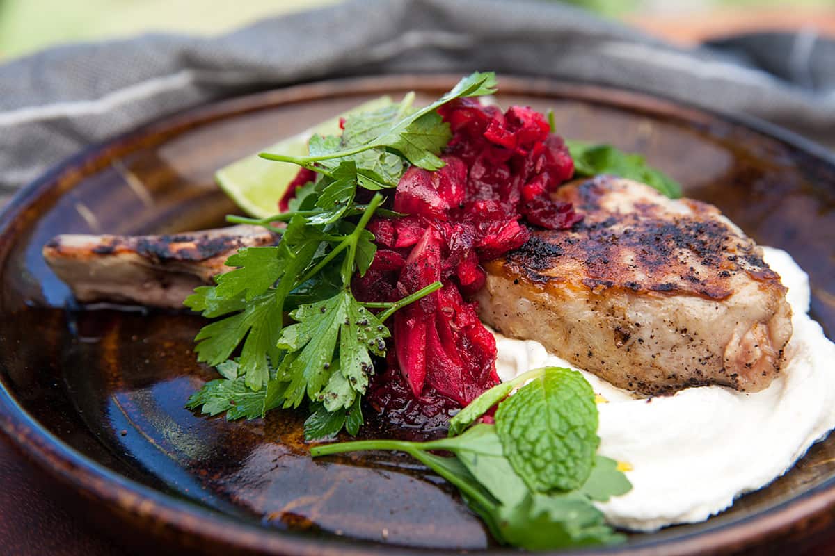 Pork chops with smoked labneh and pickled beetroot 