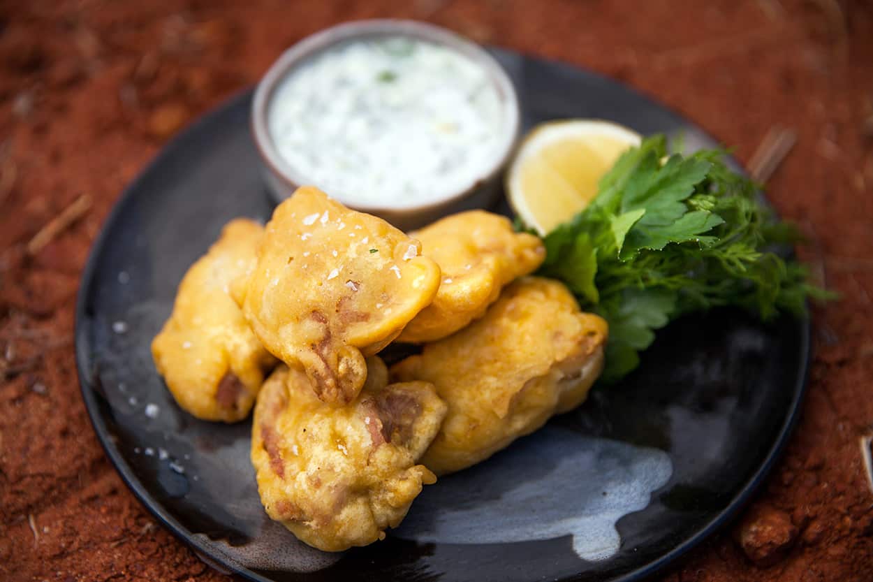 Chickpea-battered chicken with tzatziki 