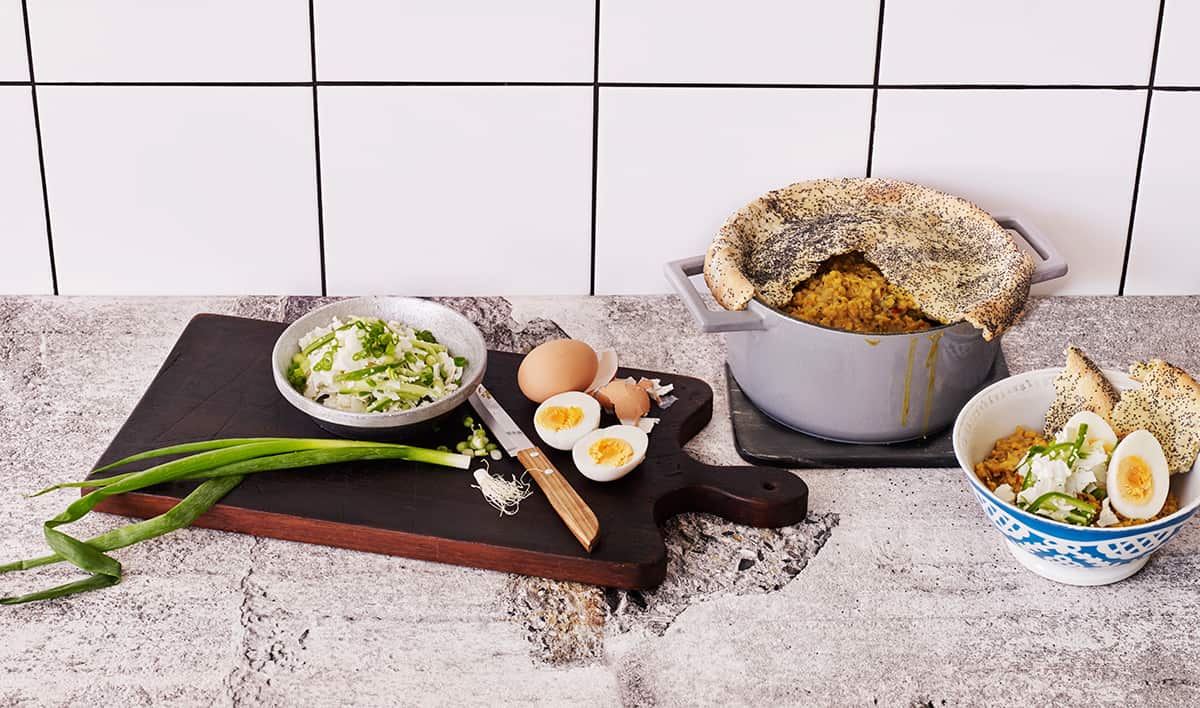 One pot lentils with naan lid
