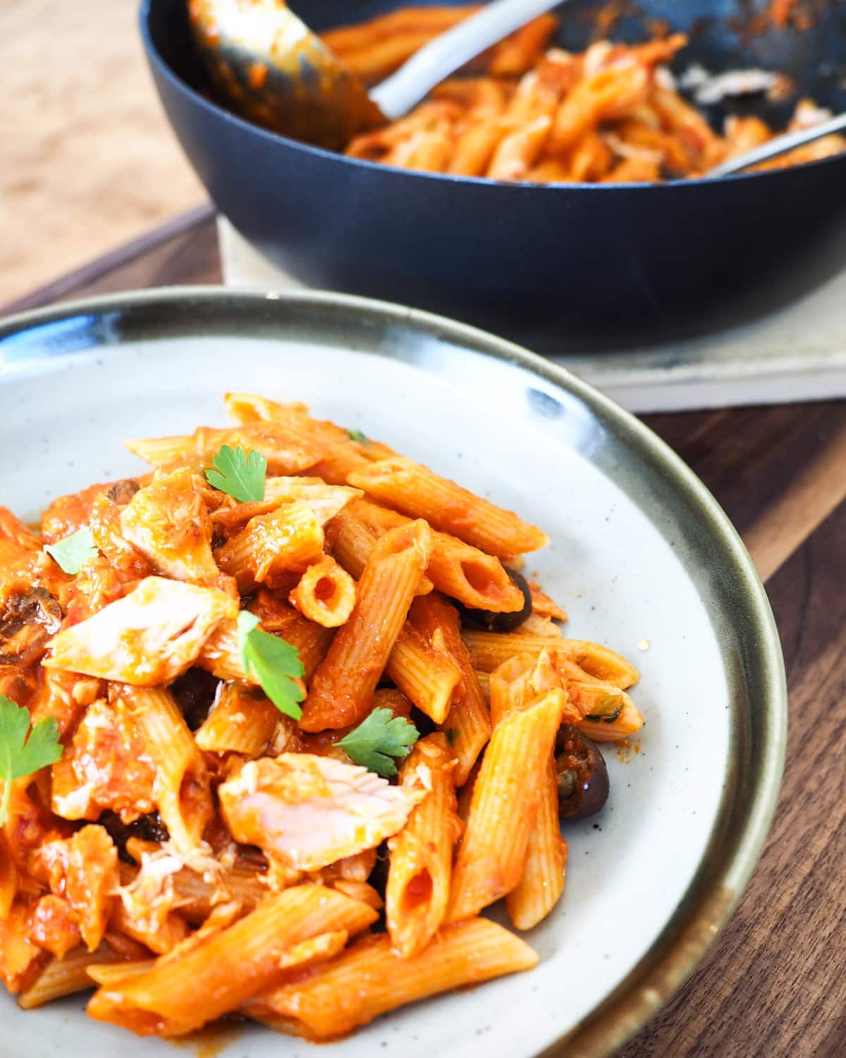 One pot penne with tuna, olives and capers