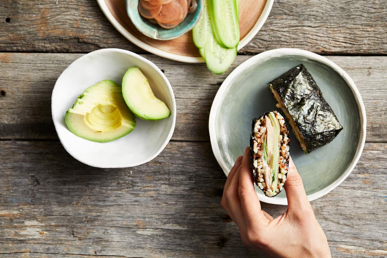 Onigirazu (tuna sushi sandwiches with pickled red radish)