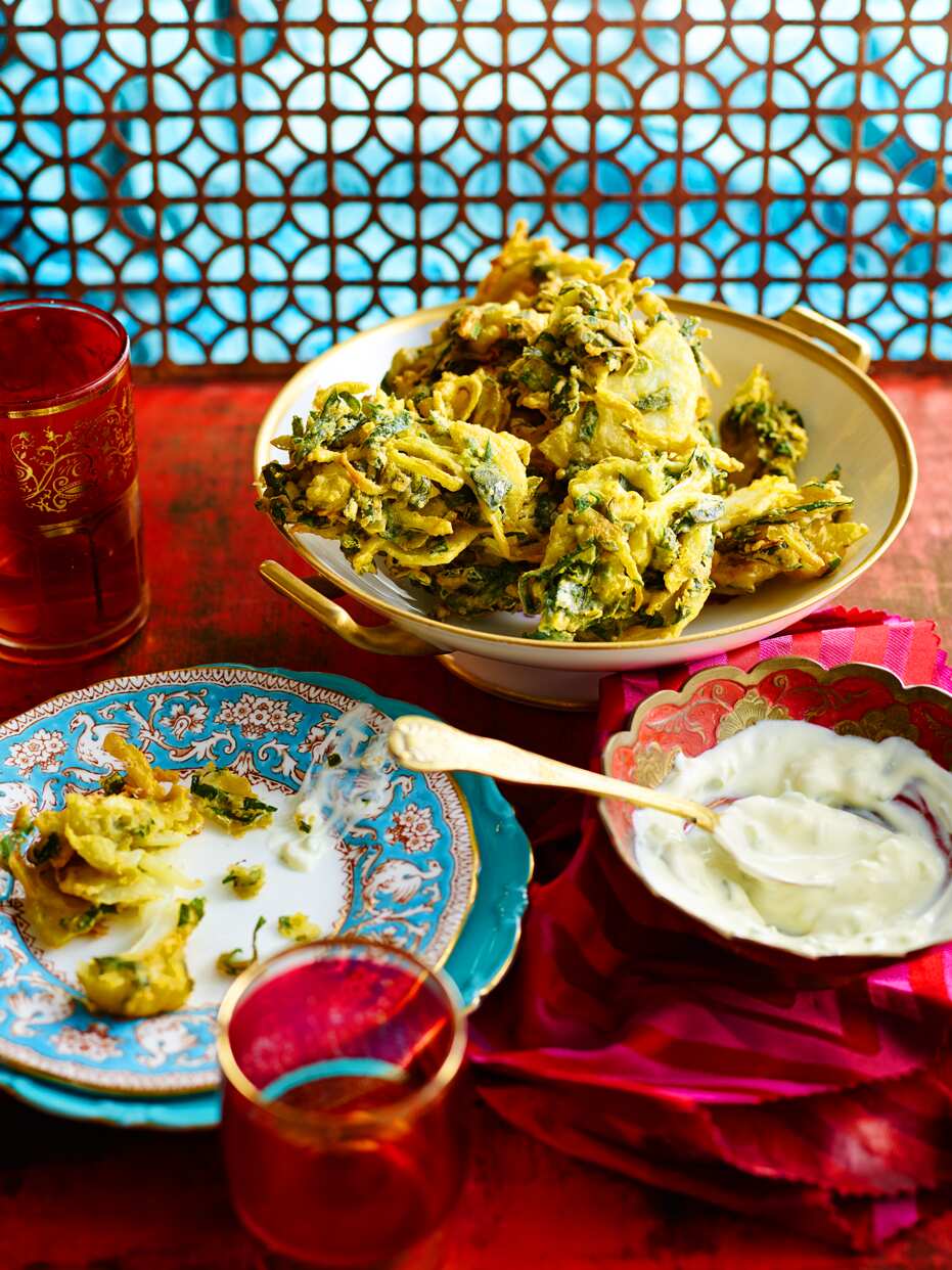 Onion fritters (onion bhajis)