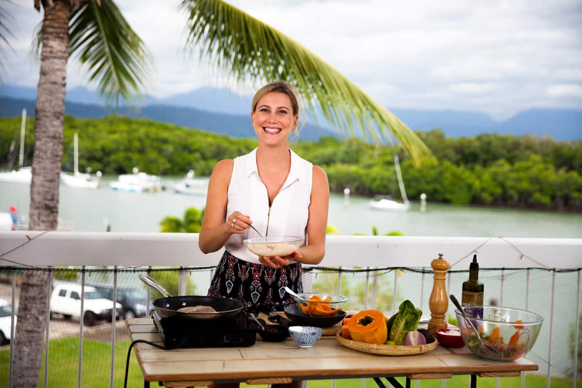 Justine Schofield cooking in Tropical Gourmet Queensland tv show