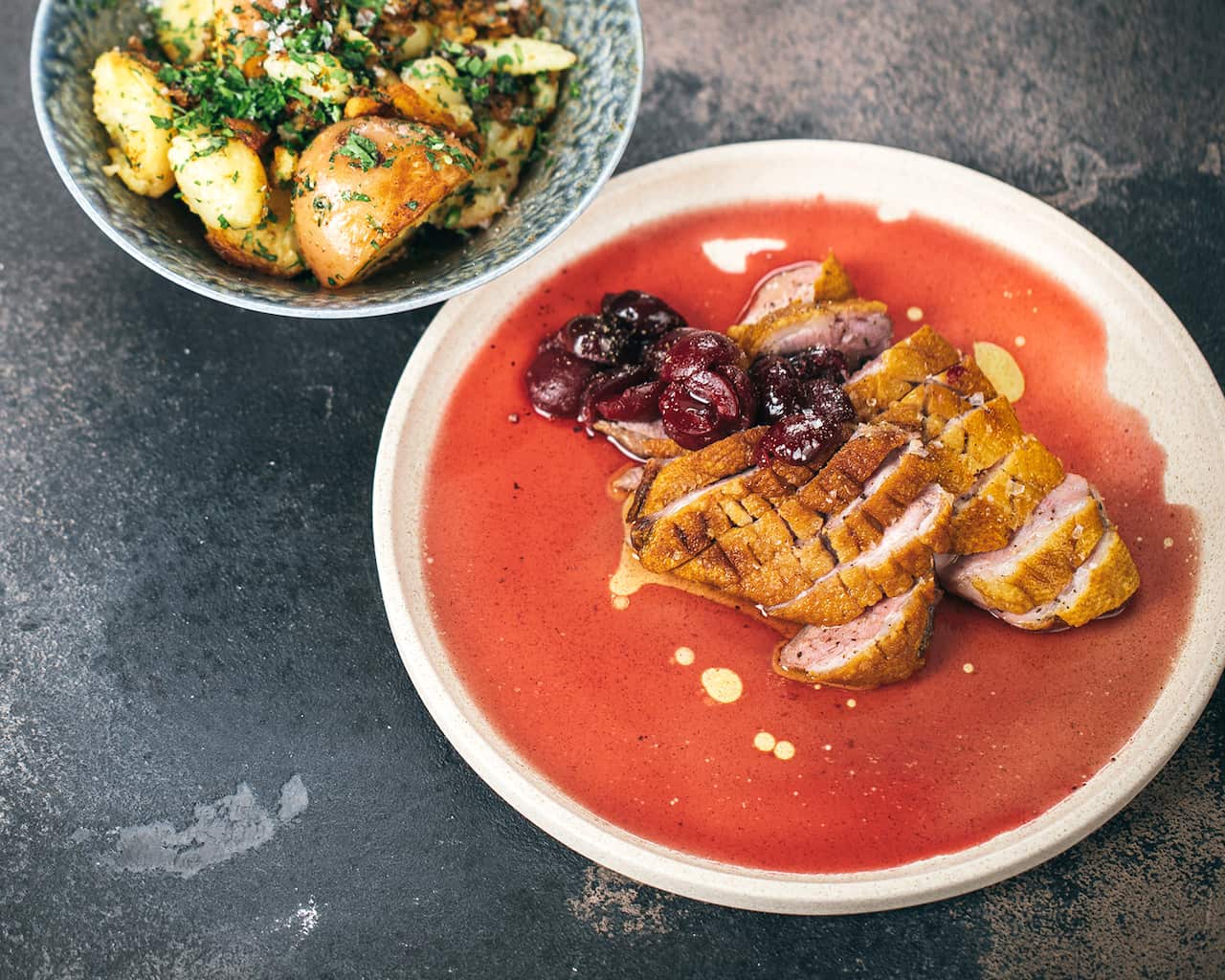 Pan-seared duck with cherries